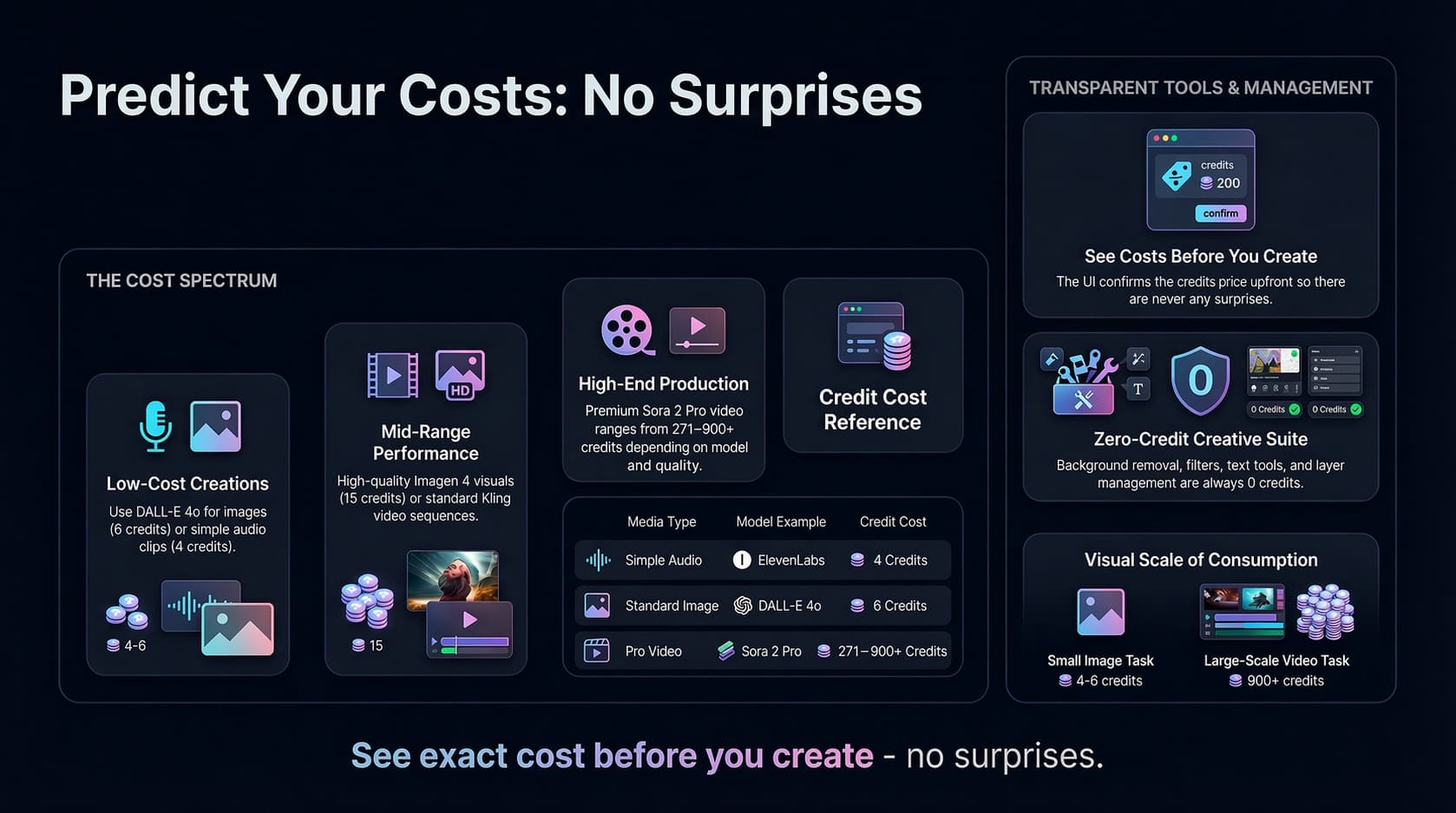 Predict your AI generation costs: transparent pricing showing low-cost tasks (2-6 credits), mid-range (15-58 credits), and high-end cinematic video (76-630+ credits) with no hidden surprises