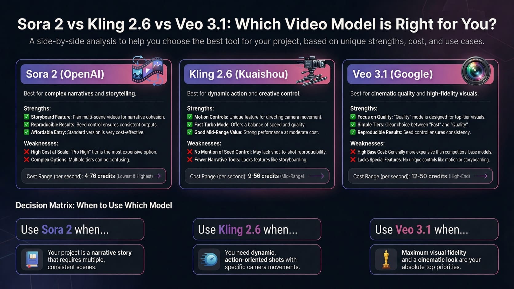 Sora 2 vs Kling 2.6 vs Veo 3.1 video model comparison: side-by-side analysis of strengths, weaknesses, cost ranges, and when to use each AI video generation model